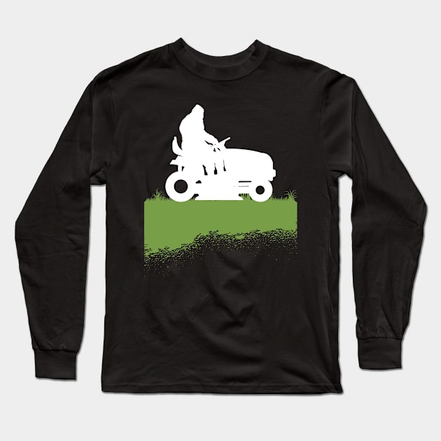 Bigfoot Riding Lawnmower Sasquatch Mowing The Lawn Grass Long Sleeve T-Shirt by Tesszero